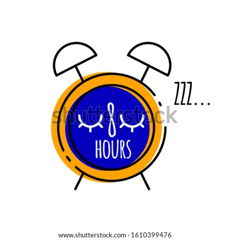 Cartoon alarm clock with inscription eight  in flat style, vector illustration of healthy sleep