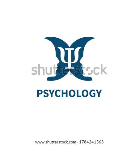 Psychology sign with two mirror profiles and psi symbol.