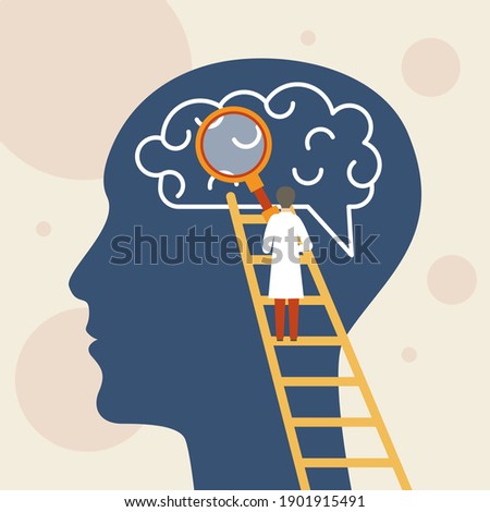 Study of human brain concept. Scientist studying brain, scientific discovery. Psychology illustration