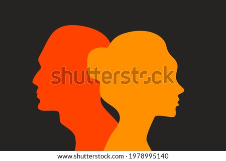 Сoncept of divorce,  quarrel between man and woman. Male and female profiles. Family relationships break up, hatred