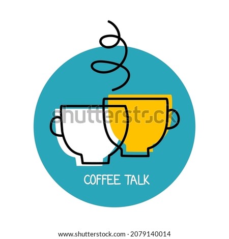 Coffee talk logo. Business meeting icon. Conversation over cup of tea symbol. Two mugs of coffee and steam. Vector illustration