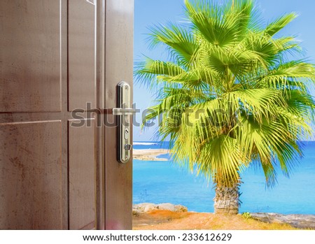 open white door with a view of the sky with the sun sky