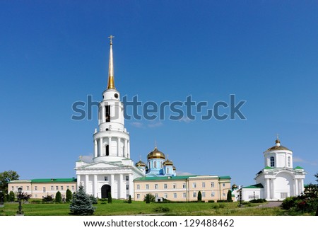 View from West side on belltower of  man\'s Rozhdestva-Bogoroditsky Zadonsky monastery. Summer