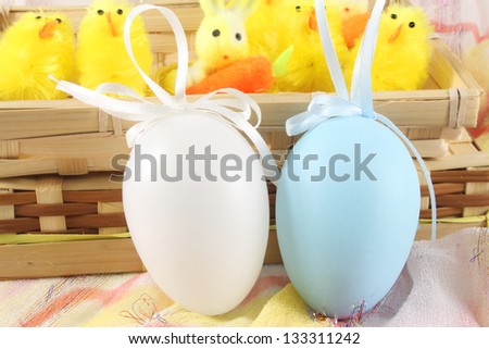 Easter composition with eggs, rabbit and chicks