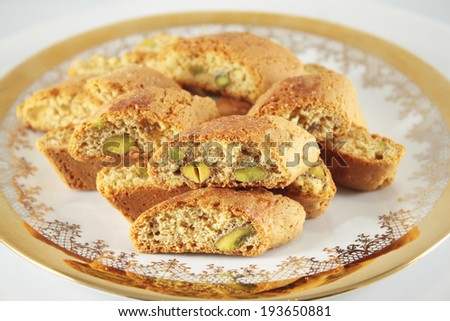 Cantucci or cantuccini with pistachios. Delicious Italian biscuits.