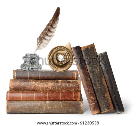 Old Books, Inkstand And Scroll Isolated On White Stock Photo 61230538 ...