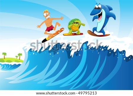 Surfing against Shark and Turtle A man surfing on the sea followed by turtle and shark with sunglasses.
