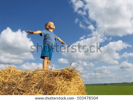 boy in a haystack is outstretched hands