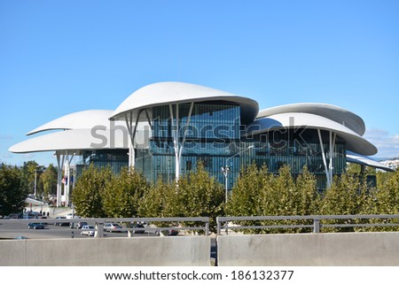 Tbilisi, Georgia - October 7, 2013: Public Service Hall (modern building of Ministry of Justice and the Civil Registry Agency) designed by Massimiliano and Doriana Fuksas.