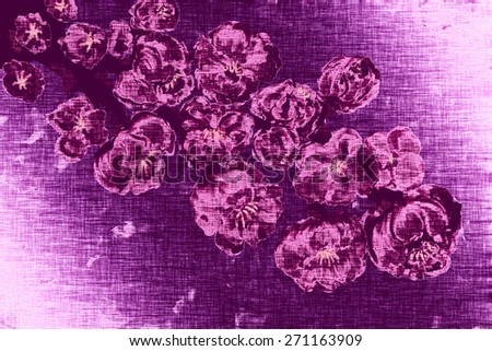 Violet hand drawn picture of sakura blossom, Japanese cherry tree, spring and summer theme, nature wallpaper, ukrainian painting style. Purple flowers. Textile background, canvas texture