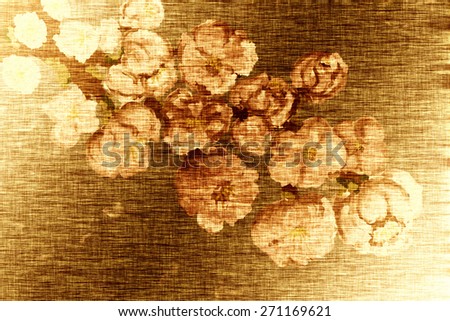 Golden hand drawn picture of sakura blossom, Japanese cherry tree, spring and summer theme, nature luminous wallpaper, ukrainian painting style. Textile background, canvas texture