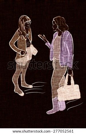 Illustration of two young modern fashionable women talking and shopping. Two trendy girlfriends gossiping. Fashion illustration. Canvas, fabric