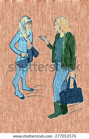 Illustration of two young modern fashionable women talking and shopping. Two trendy girlfriends gossiping. Fashion illustration. Fabric, canvas