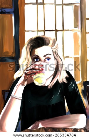 Girl with blond hair and blue eyes drinking lemonade cocktail, sitting in a cafe (bar, restaurant), illustration of young woman