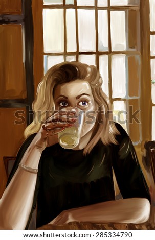 Girl with blond hair and blue eyes drinking lemonade cocktail, sitting in a cafe (bar, restaurant), illustration of young woman