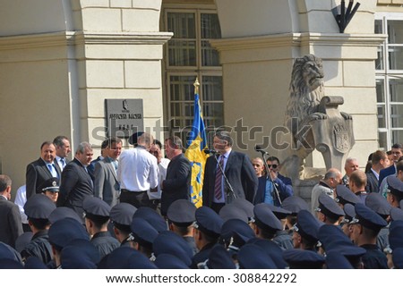 UKRAINE, LVIV - September 23, 2015: New police swore allegiance to the Ukrainian people. Prime Minister Arseniy Yatsenyuk, the Minister of Internal Affairs Arsen Avakov and other public figures.