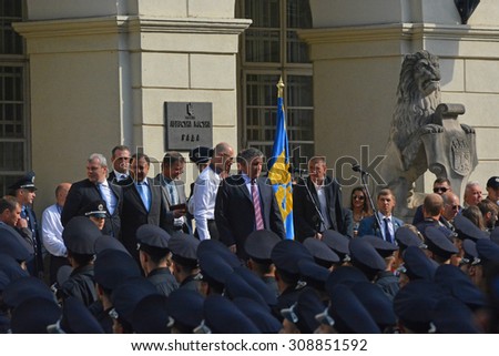 UKRAINE, LVIV - September 23, 2015: New police swore allegiance to the Ukrainian people. Prime Minister Arseniy Yatsenyuk, the Minister of Internal Affairs Arsen Avakov and other public figures.