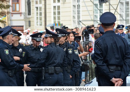 UKRAINE, LVIV - September 23, 2015: New police swore allegiance to the Ukrainian people. In Ukraine, the reform of the law enforcement system happened as a result of Revolution of Dignity.