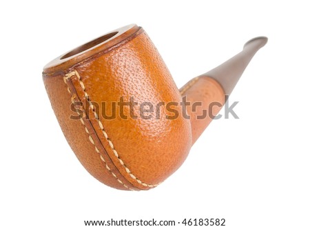 closeup shoot of brown leather bound tobacco pipe isolated on white