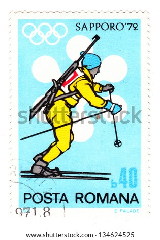ROMANIA - CIRCA 1971: A stamp printed in Romania shows biathlon on Winter Olympic Games in Sapporo, Japan 1972, circa 1971