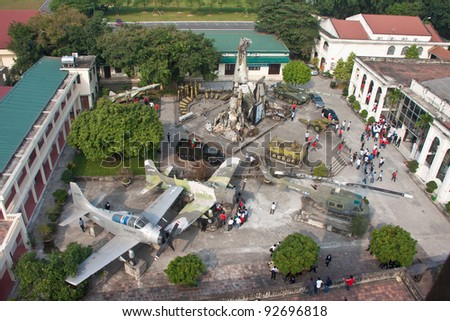 HANOI, VIETNAM - NOV 26: The famous Military History museum in Hanoi, Vietnam on November 26, 2011 with its collection of captured American aircraft and a war debris pyramid exhibit.