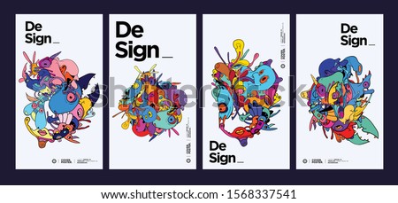 Vector abstract cartoon doodle skull, bone, insect, and head colorful illustration. Liquid and fluid abstract tribal tattoo, sticker and wallpaper background.
