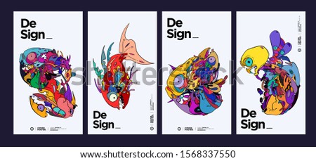 Vector abstract cartoon doodle skull, bone, insect, and head colorful illustration. Liquid and fluid abstract tribal tattoo, sticker and wallpaper background.
