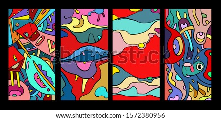 Vector abstract cartoon doodle skull, bone, insect, and head colorful illustration. Set of Liquid and fluid abstract tribal tattoo, sticker, banner and wallpaper background.
