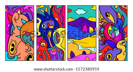 Vector abstract cartoon doodle skull, bone, insect, and head colorful illustration. Set of Liquid and fluid abstract tribal tattoo, sticker, banner and wallpaper background.
