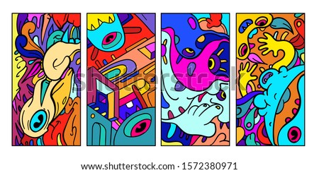 Vector abstract cartoon doodle skull, bone, insect, and head colorful illustration. Set of Liquid and fluid abstract tribal tattoo, sticker, banner and wallpaper background.
