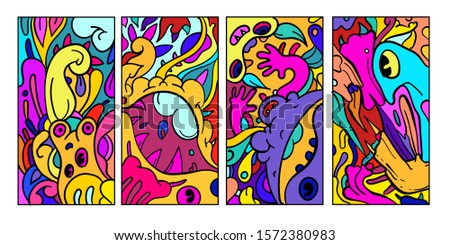 Vector abstract cartoon doodle skull, bone, insect, and head colorful illustration. Set of Liquid and fluid abstract tribal tattoo, sticker, banner and wallpaper background.
