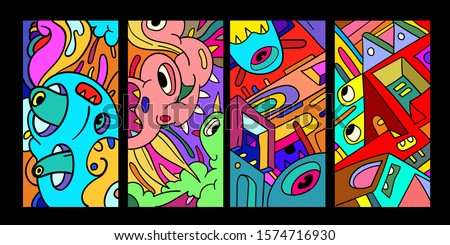 Vector abstract cartoon doodle skull, bone, insect, and head colorful illustration. Set of Liquid and fluid abstract tribal tattoo, sticker, banner, social media story, and wallpaper background.
