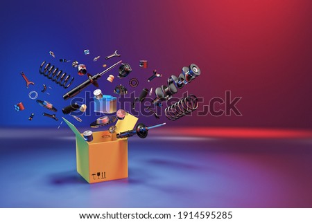 Many spare parts flying out of the box gray background. Isolated auto spare parts on gray background. Auto spare parts for passenger car, OEM. 3D rendering Сток-фото © 