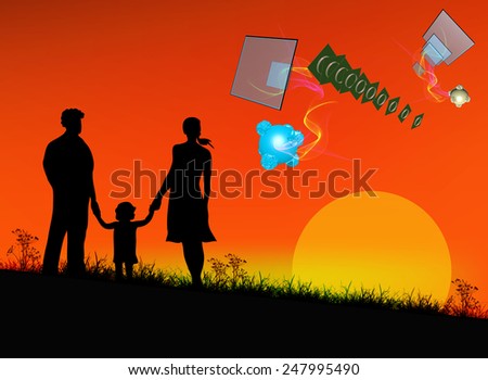 Happy Family on red sundown background  and Cosmic technologies