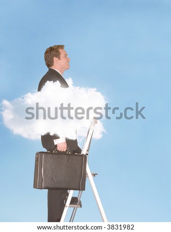 Businessman stands on a ladder holding his briefcase with his head in the clouds rising above the clouds