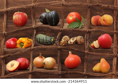 Composition of fruits and vegetables framed in wood