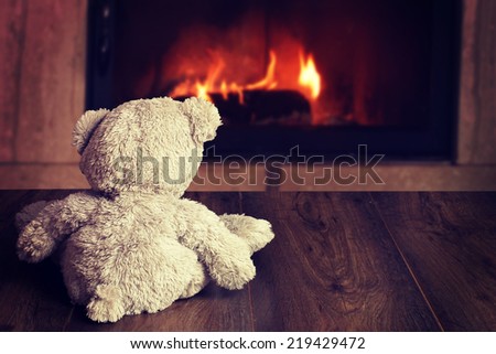 Teddy bear on wood floor and fireplace