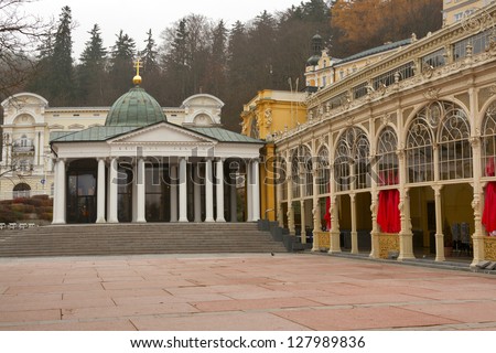 Hot spring Krizovy Pramen (Cross Spring) Pavilion built in 1818-1826 in Marianske Lazne, Czech Republic.