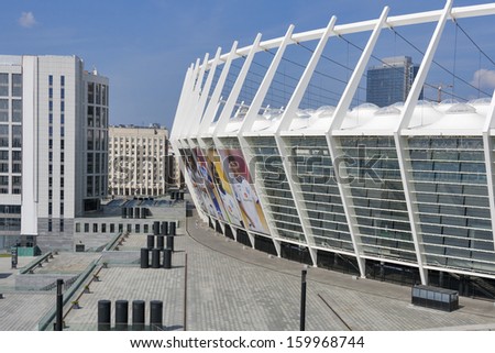 KIEV, UKRAINE - AUGUST 07: Olympic National Sports Complex hosted the final of Euro 2012 championship with banners portraits of Dynamo Kiev footbal team key players on August 07, 2013 in Kiev, Ukraine