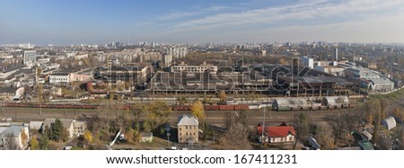 Panorama of industrial district with railroad. Svyatoshin, Kiev, Ukraine.