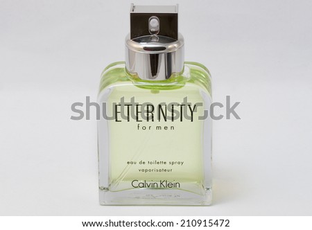 KIEV, UKRAINE - July 14, 2014: Calvin Klein Eternity for men fragrance bottle against white background. Eternity for men fragrance was created by Carlos Benaim and was launched in 1989.