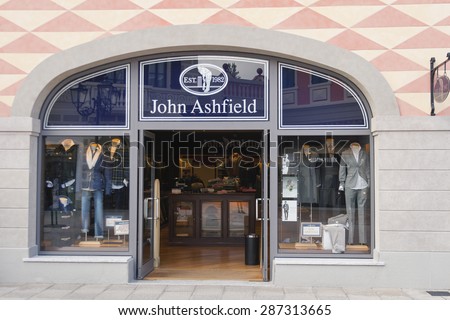 MUGELLO, ITALY - SEPTEMBER 11, 2014: Facade of John Ashfield store in McArthurGlen Designer Outlet Barberino. John Ashfield is an Italian clothing company founded 1982 and inspired by cricket game.