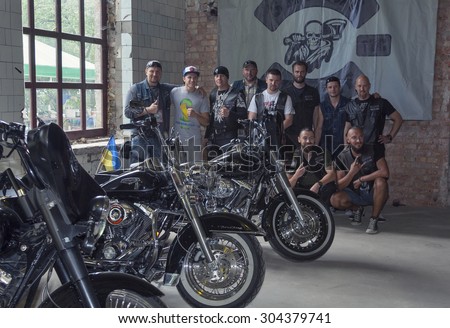 KIEV, UKRAINE - MAY 23, 2015: Bikers club Skulls with their motorcycles in International Tattoo Convention Kyiv Tattoo Collection 2015 organized by Planeta Tattoo studio in Art-factory Platforma.