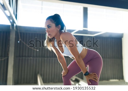 Similar – Image, Stock Photo Woman Resting After Exercises at the Gym