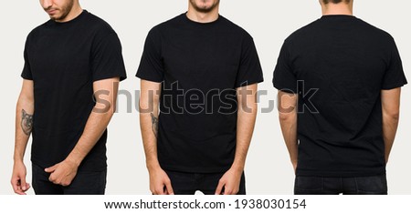 Hispanic young man wearing a black casual t-shirt. Side view, behind and front view of a mock up template for a t-shirt design print 