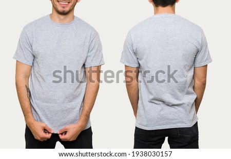 Latin young man in his 30s wearing a gray casual t-shirt. Front and rear view of a mock up template for a t-shirt design print 