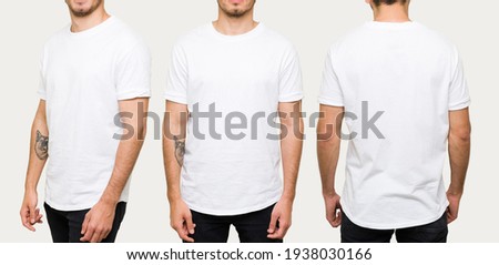 Handsome young man wearing a white casual t-shirt. Side view, behind and front view of a mockup t-shirt for design print  ストックフォト © 