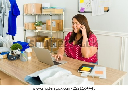 Similar – Image, Stock Photo Young latin woman talking on the phone.