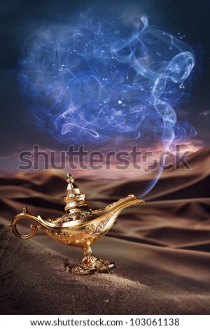 Aladdin magic lamp on a desert with smoke