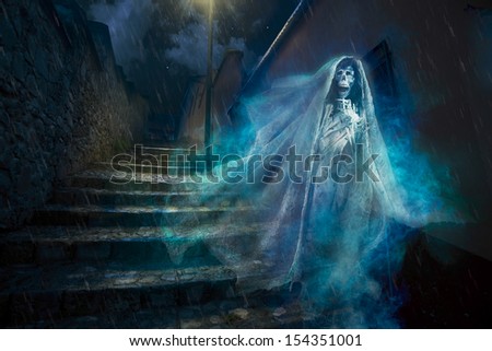 La llorona, mexican scary ghost floating on a street at night, seasonal Halloween \